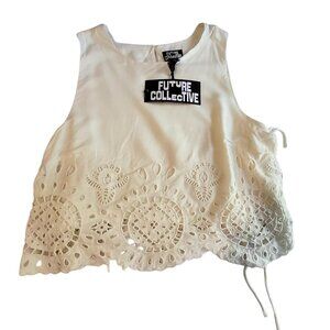 Future Collective White Sleeveless Crochet Embroidered Cropped Tank Top Size M